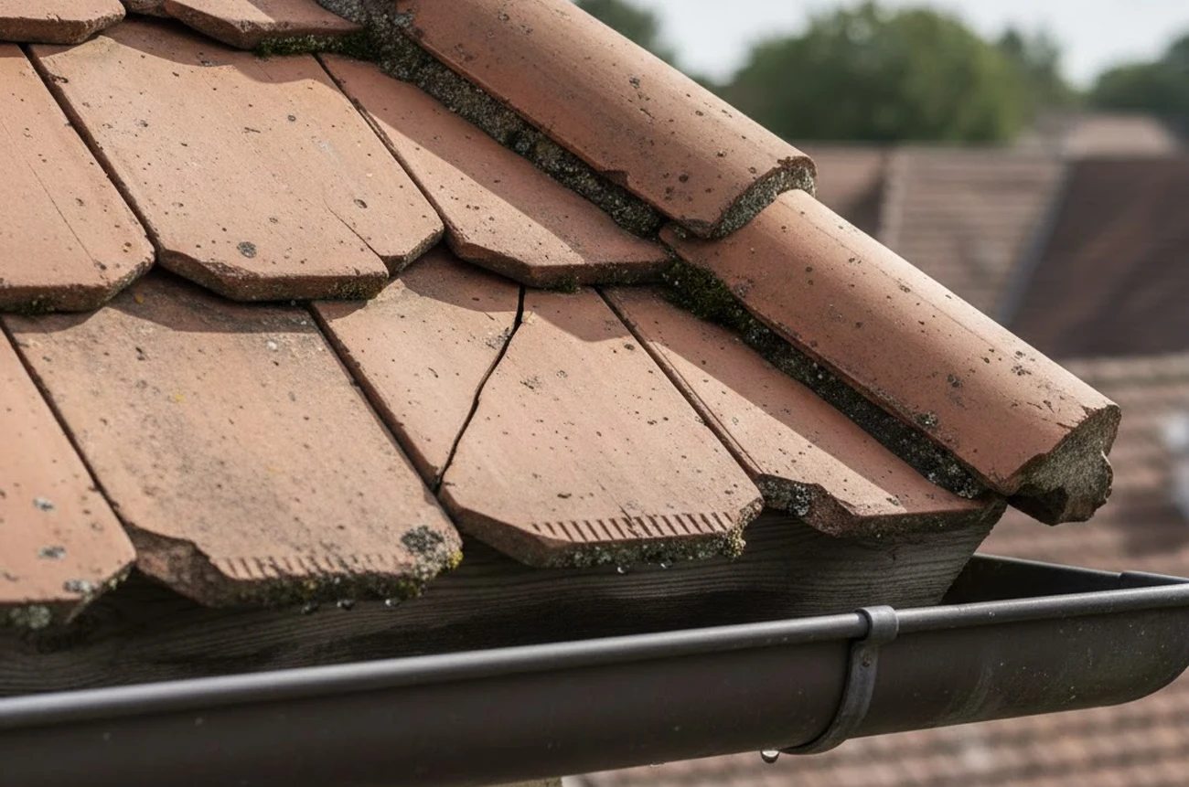 Close-up of a roof corner with cracked terracotta tiles, showing wear and moss growth. A metal gutter runs along the edge. Background is blurred rooftops.