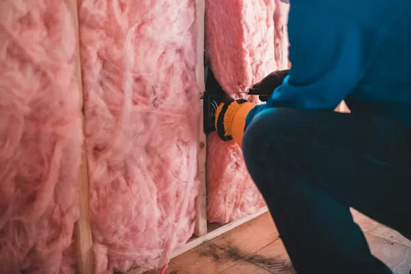 worker installing insulation in a roof.